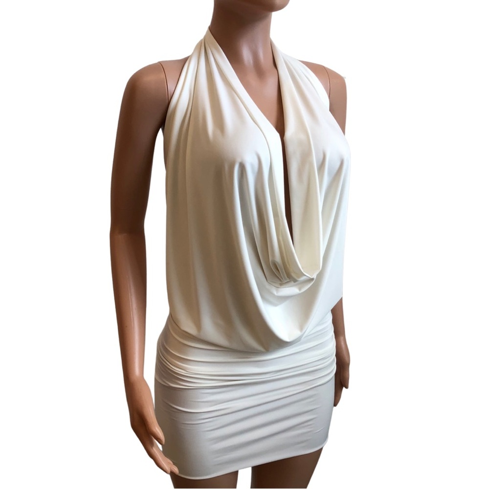 Ivory White Backless Drape Cowl Halter Sexy Top - Made-In-USA - Picture 6 of 16